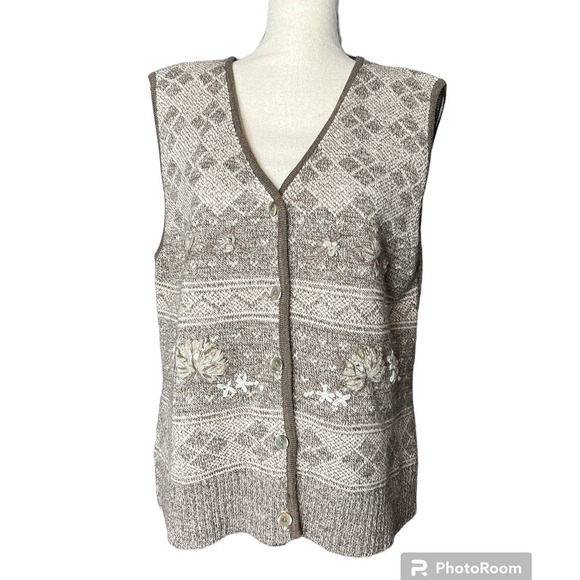 Susan Bristol Women's Fair Isle Vest Size L in Brown Beige Wool Silk Blend - Picture 1 of 7